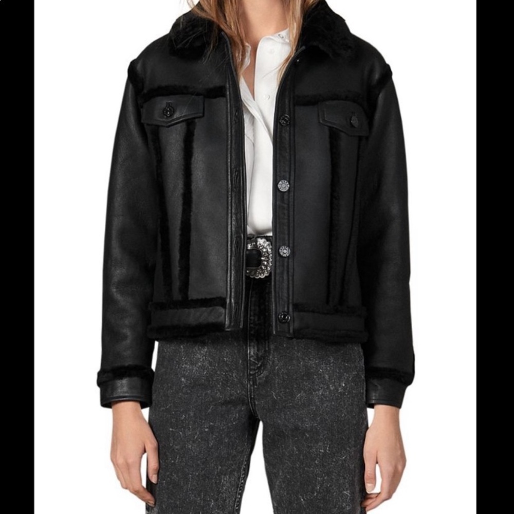 Sandro Paris Genuine Shearling Leather Jacket Black Luxury Winter CoatM - Picture 3 of 9